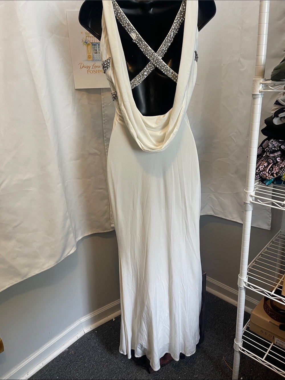 Jovani Ivory V-Neck Evening Gown with Beaded Waist - Picture 2 of 4